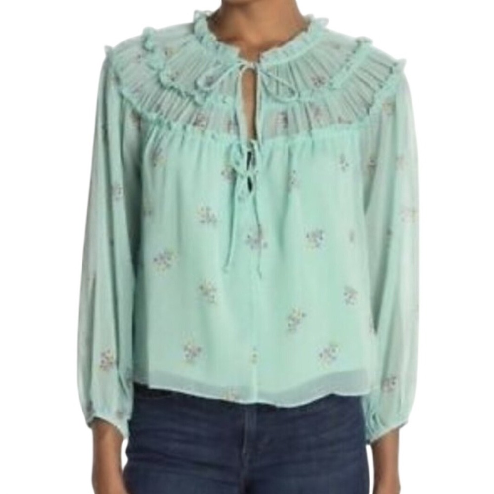 SOCIALITE Women's Mint Green Floral Ruffle‎ Neck Tie Blouse XS